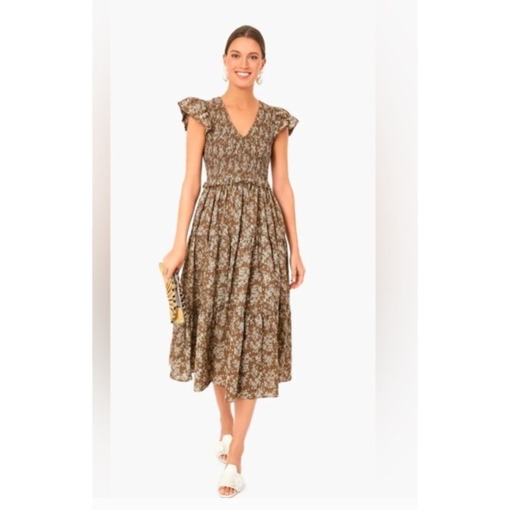 o.p.t. Floral Smocked Midi Dress Brown Flutter Sleeve Tiered XL